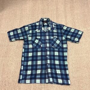 Vintage Zellers Flannel Shirt Mens Medium Blue 70s Short Sleeve Plaid